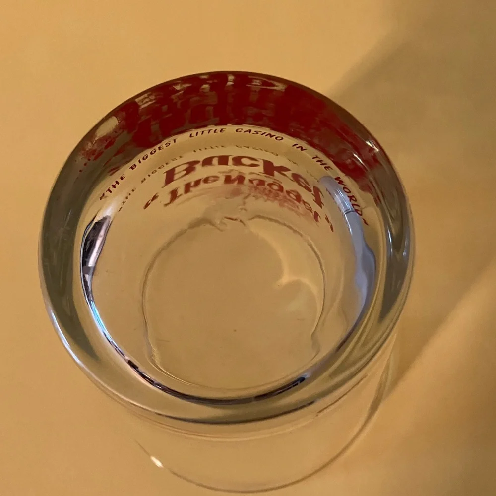 2 Vintage The Nugget Bucket Reno Casino Cocktail Bar Glasses Red Lettering 4.5”